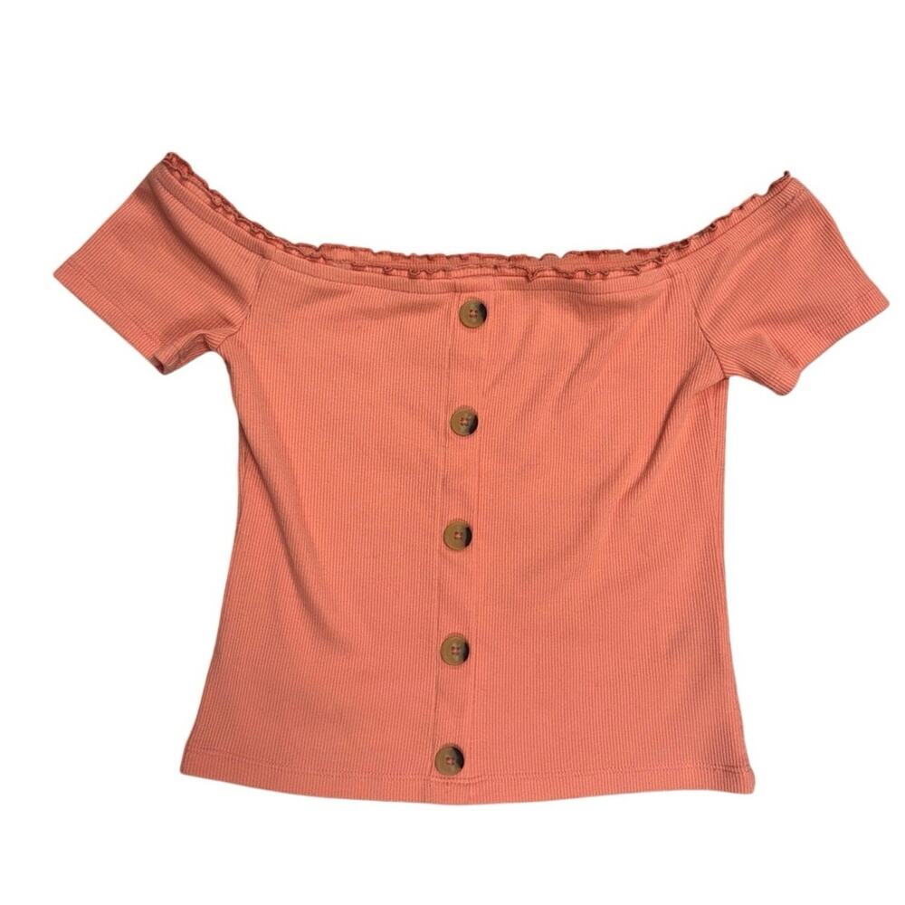 Aero Peach Coral Ribbed Off‑Shoulder Button Crop Top 🍑✨ Size S